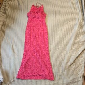 Coral long lace dress fully lined halter top, back slit